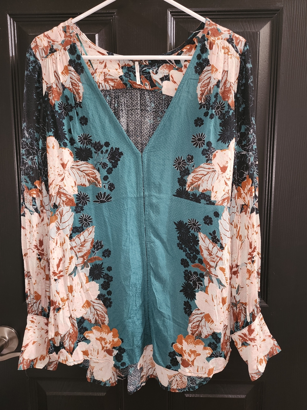 Free People Teal and Cream Floral V-Neck Tunic